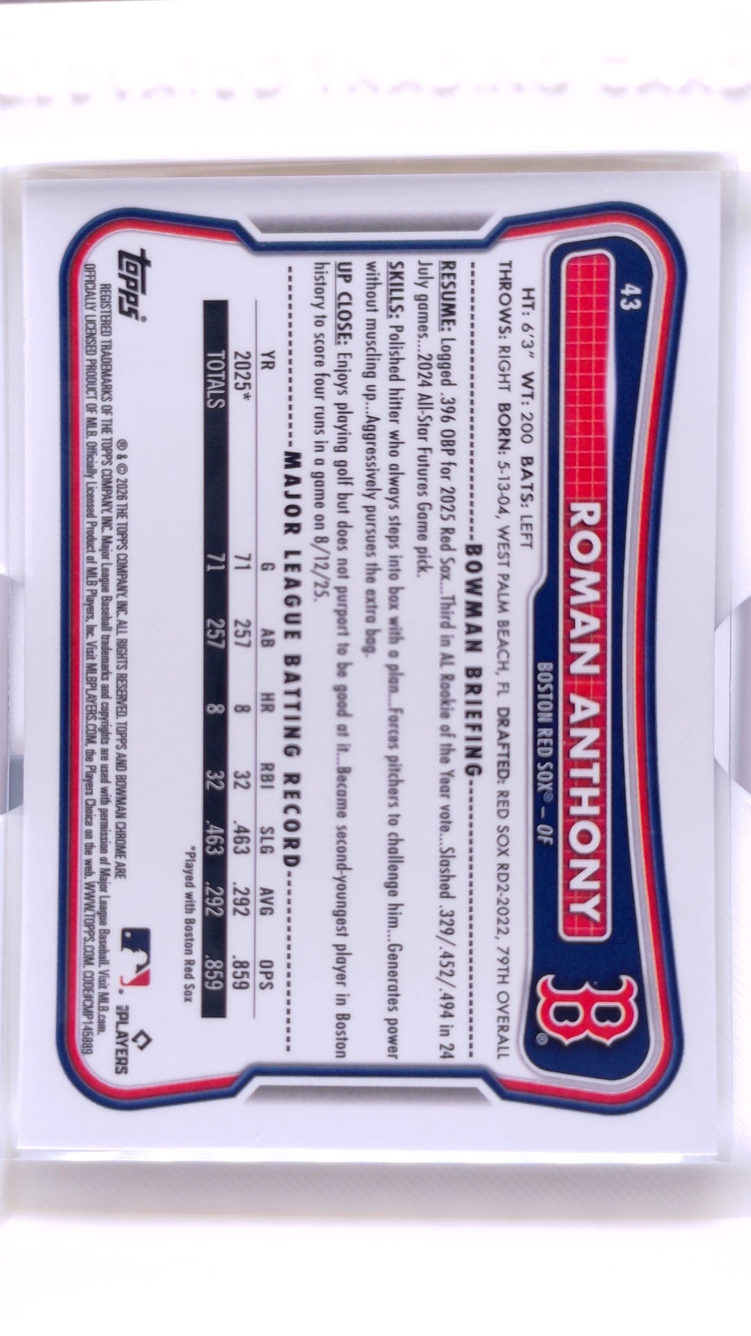 #43 Roman Anthony Rookie - back