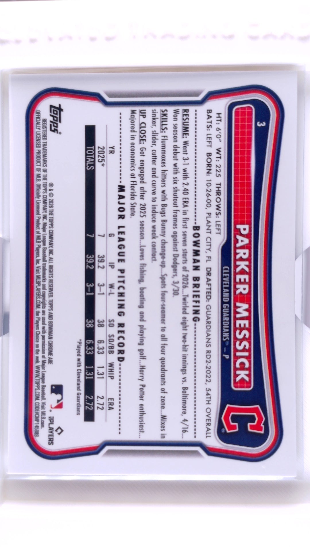 #3 Parker Messick Rookie - back