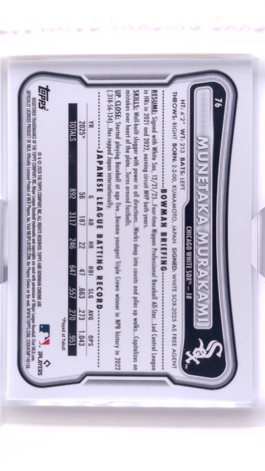 #76 Munetaka Murakami Rookie Chrome Rookie Red RC Variation - back