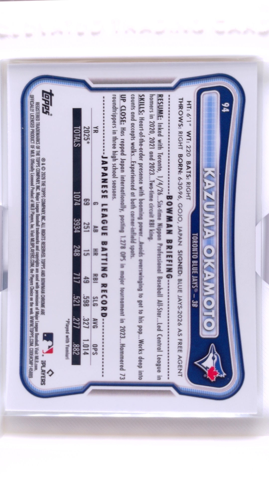 #94 Kazuma Okamoto Rookie - back