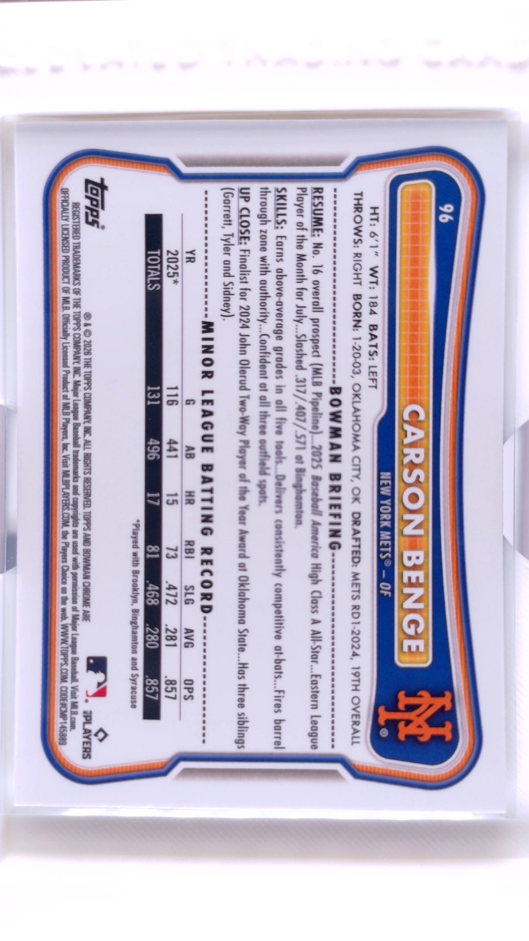 #96 Carson Benge Rookie - back