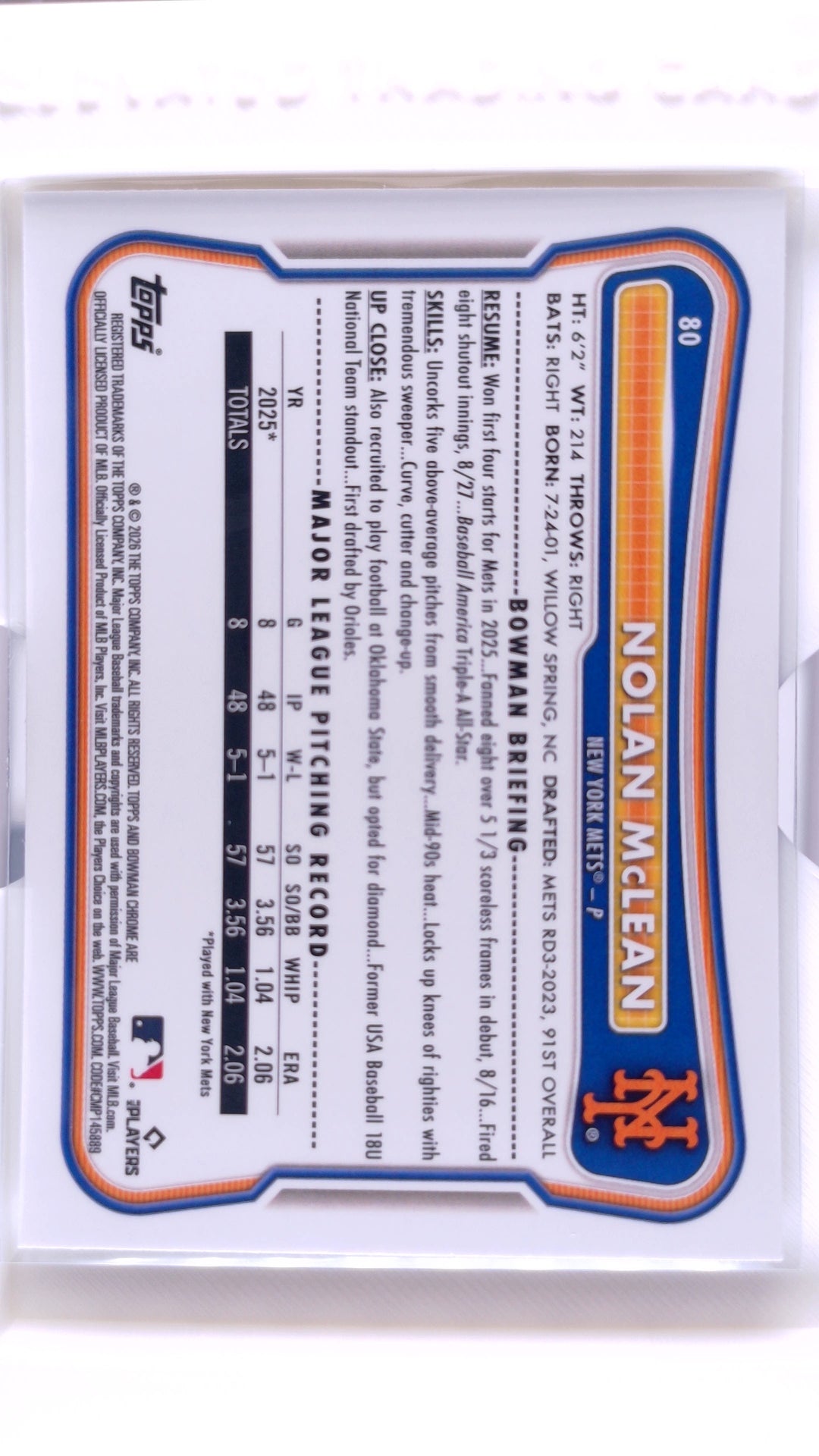 #80 Nolan McLean Rookie - back