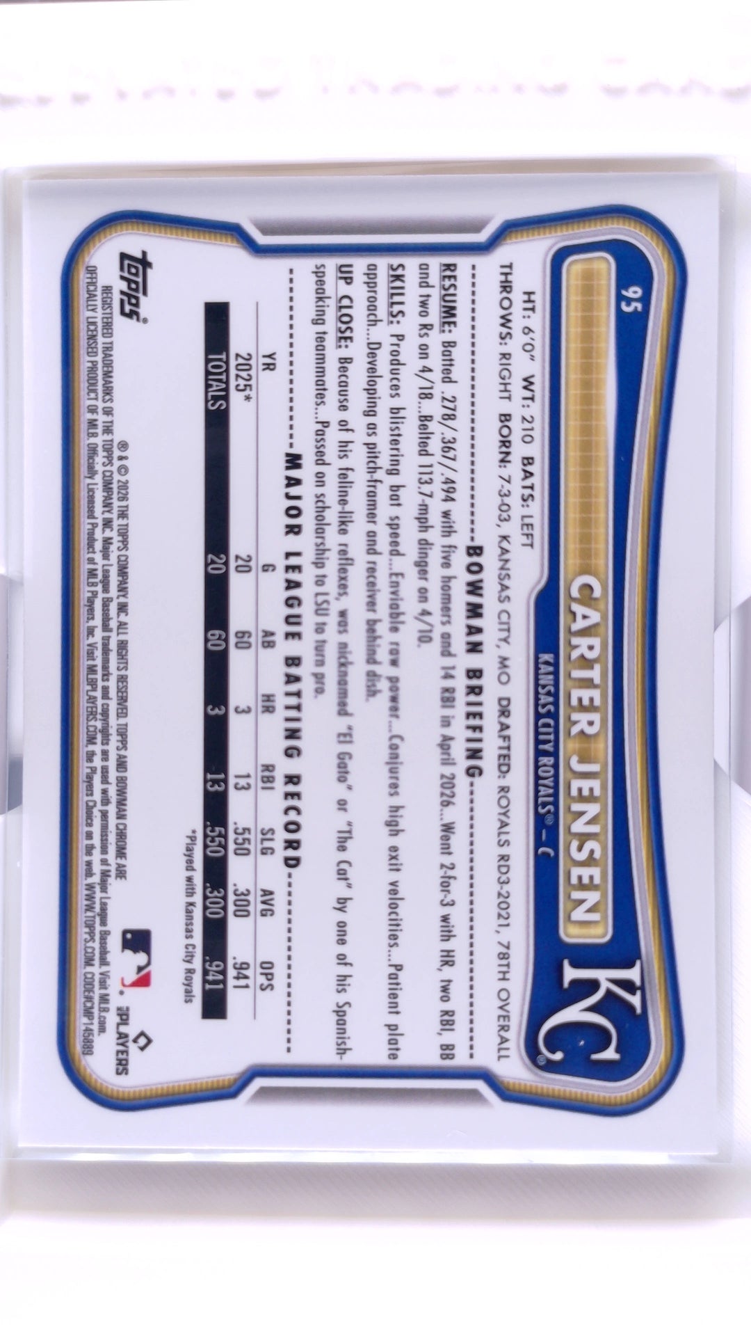 #95 Carter Jensen Rookie - back