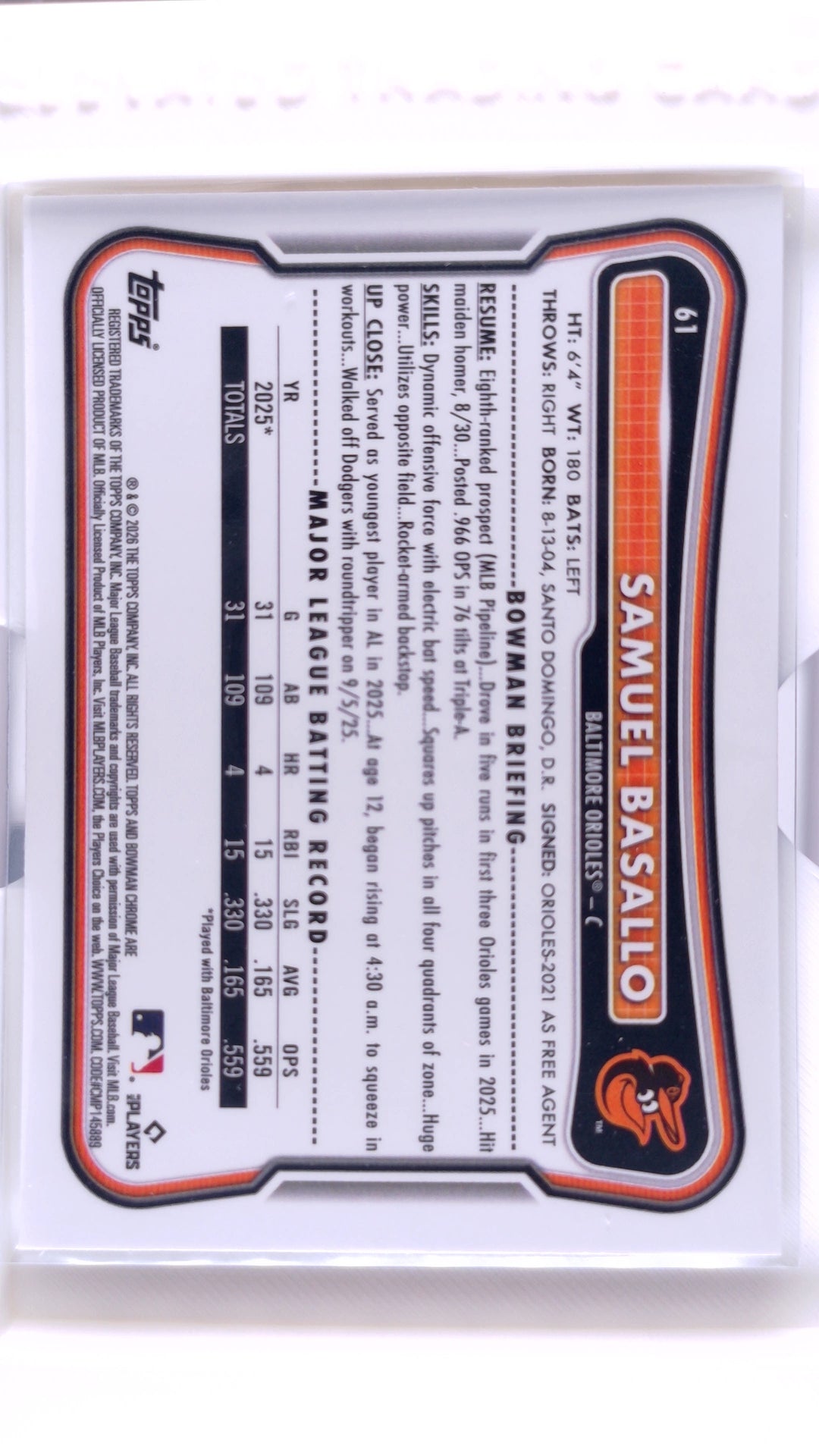 #61 Samuel Basallo Rookie - back