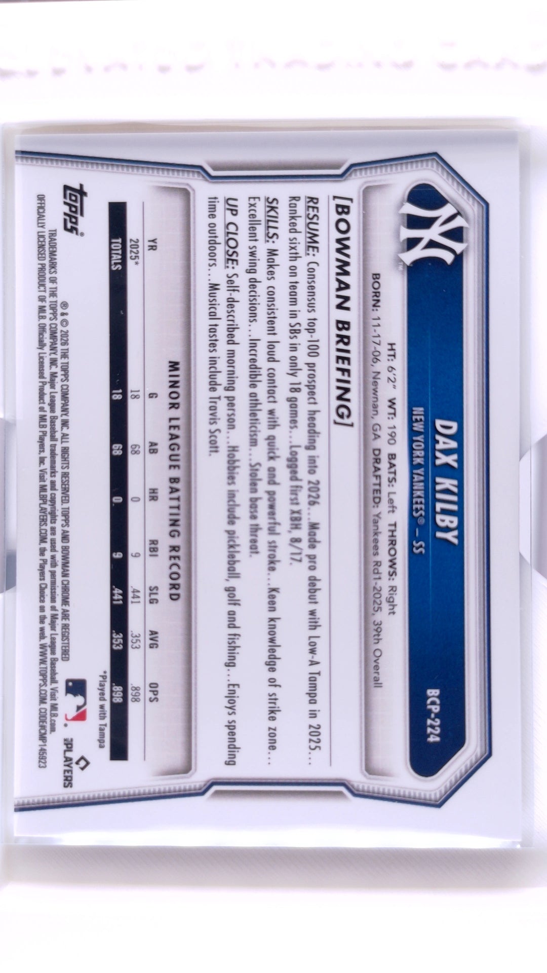 #BCP-224 Dax Kilby Bowman Chrome Prospects - back