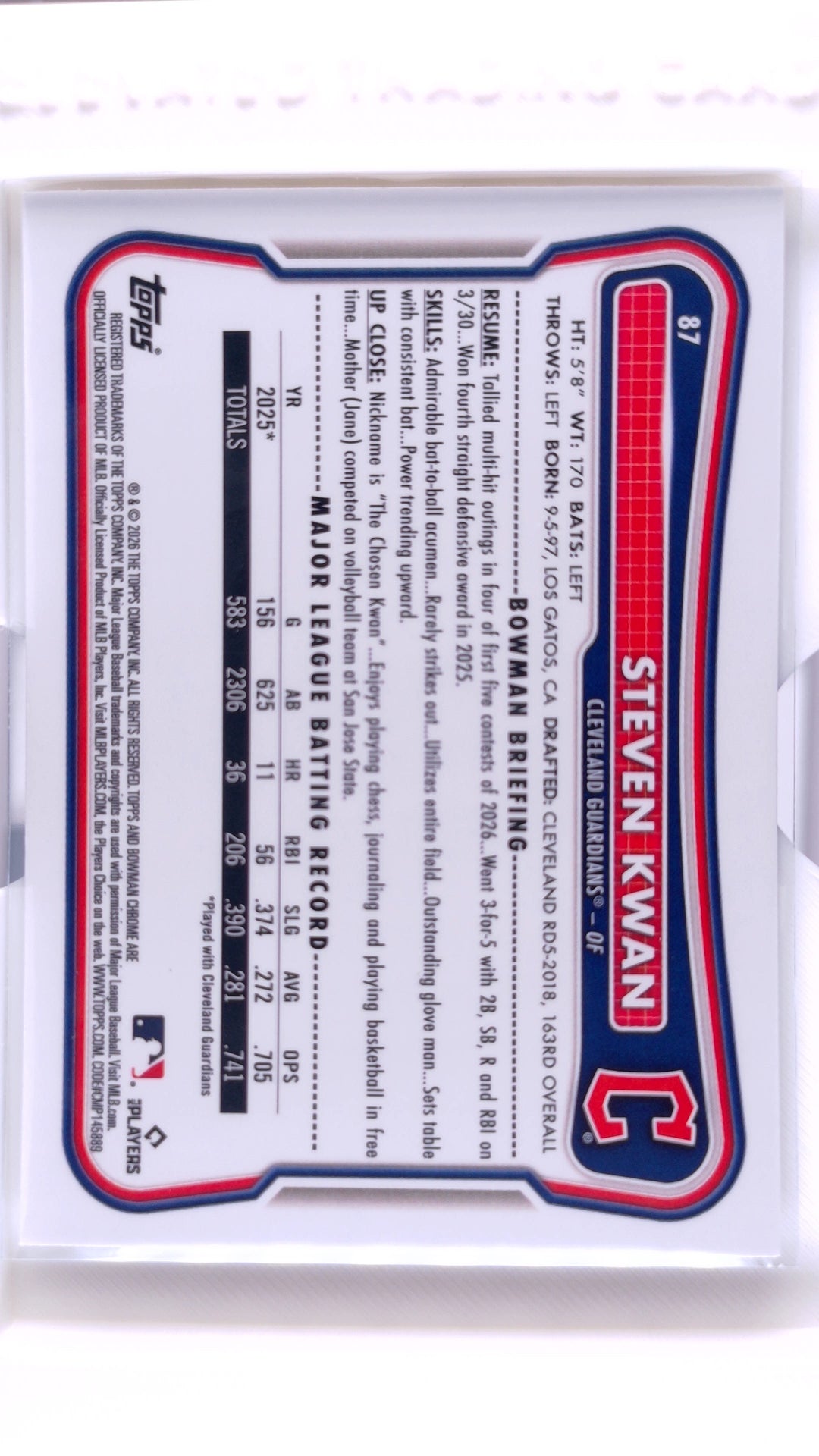 #87 Steven Kwan - back