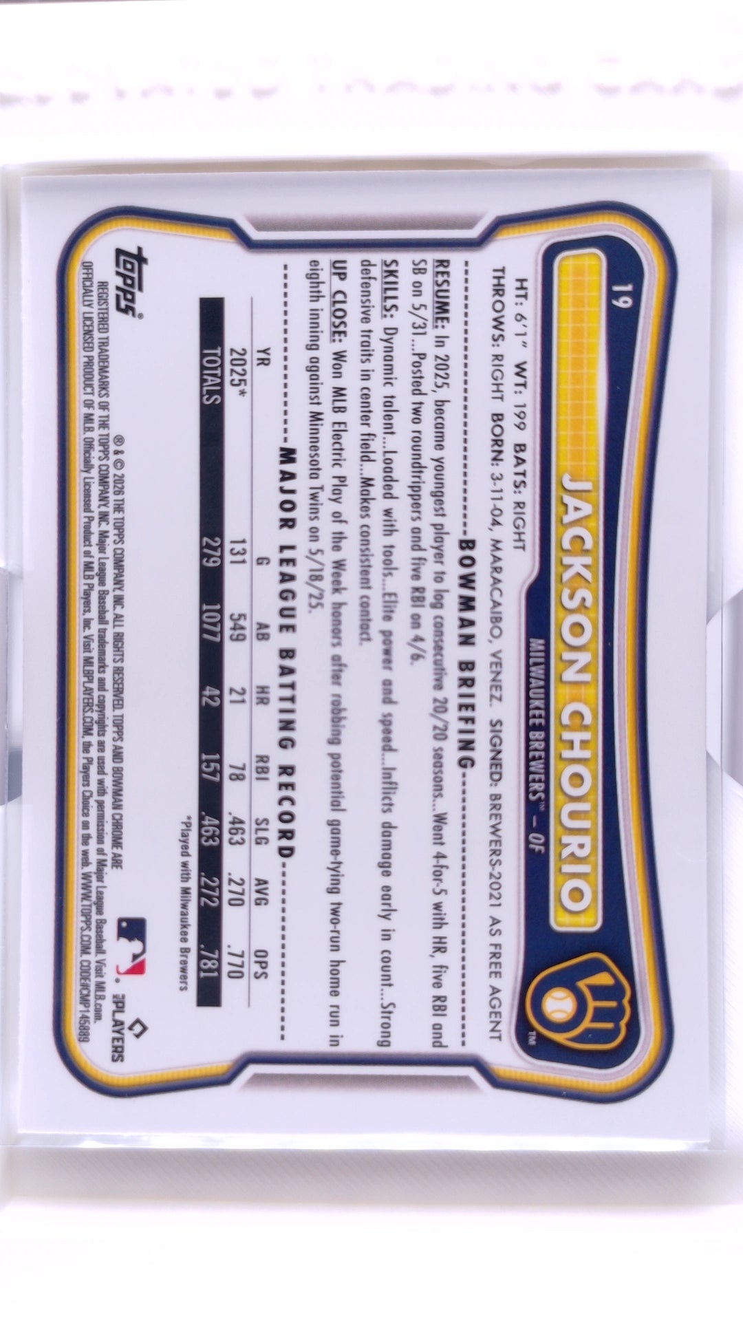 #19 Jackson Chourio - back