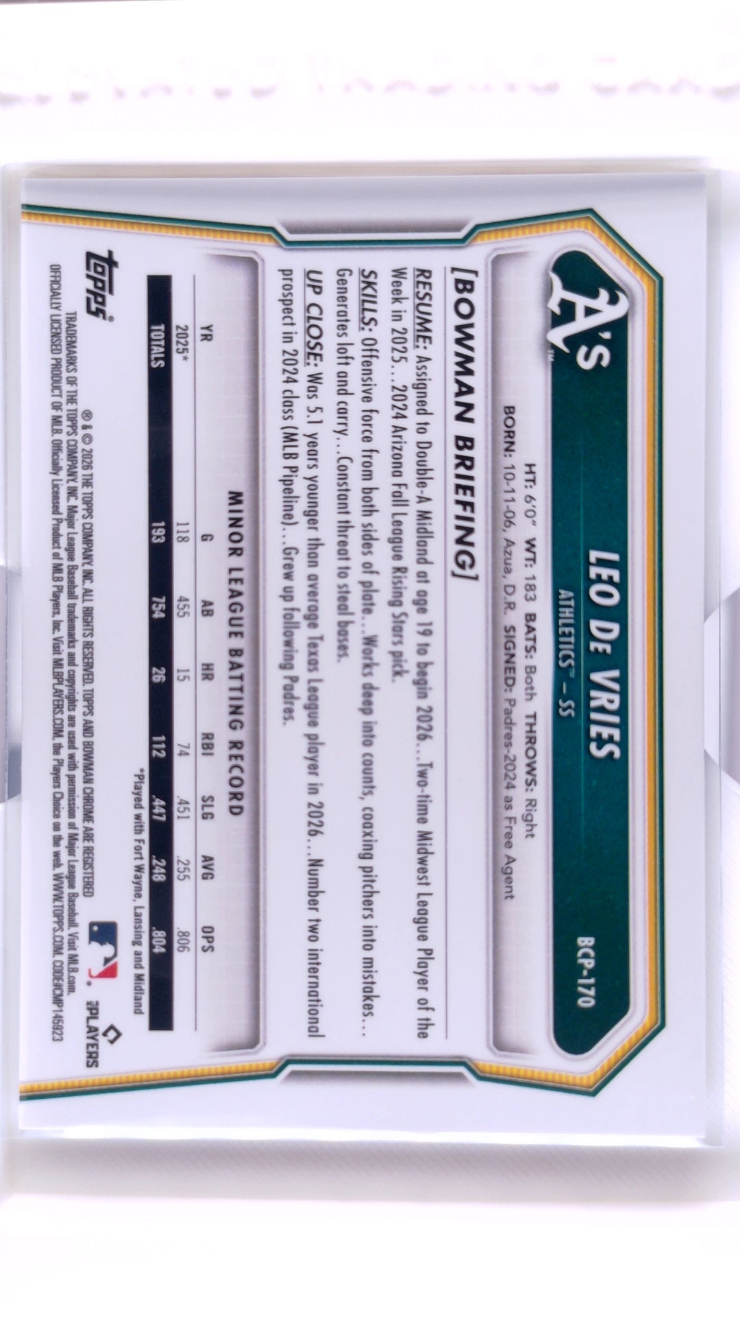 #BCP-170 Leo De Vries Bowman Chrome Prospects - back