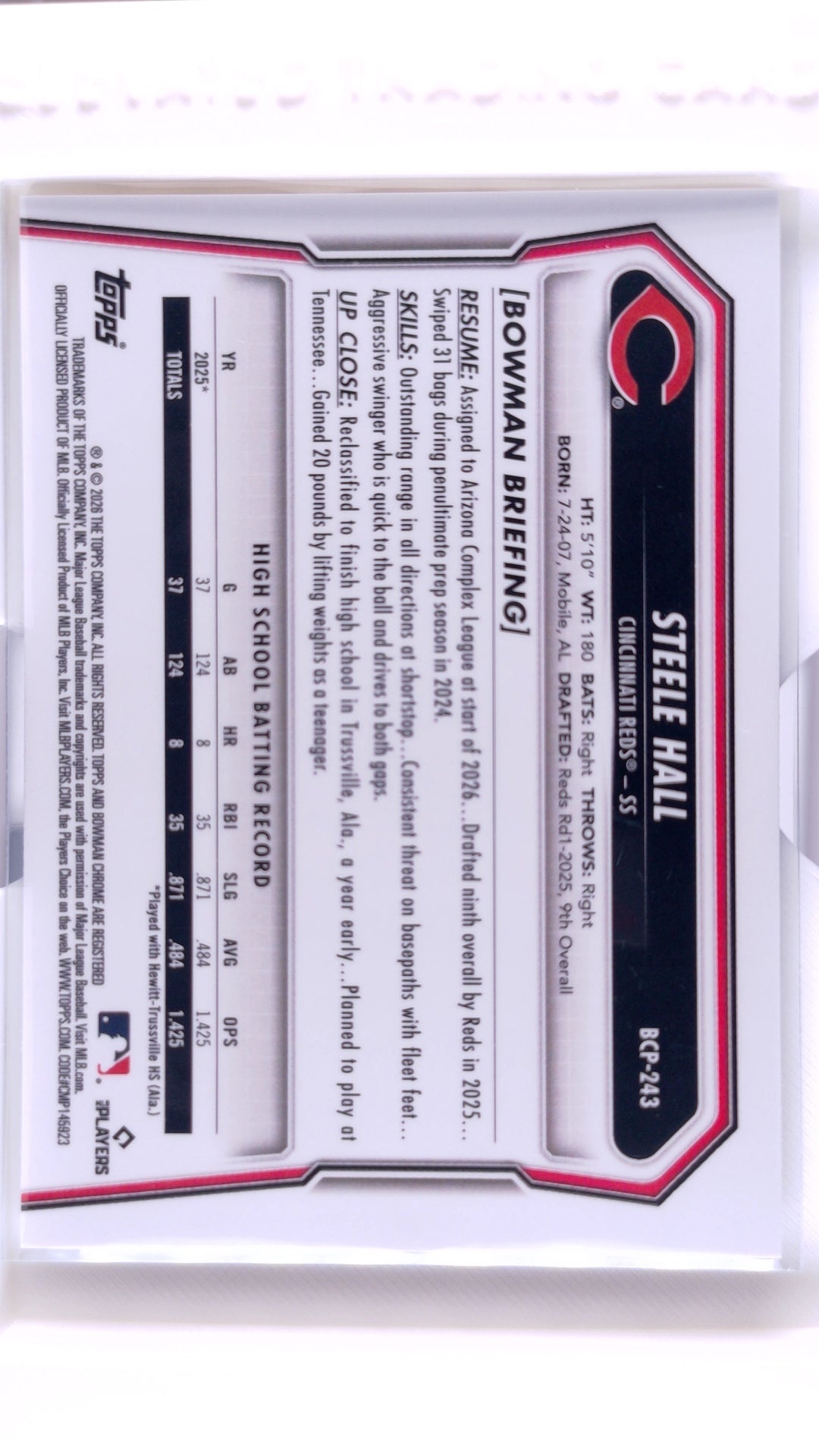 #BCP-243 Steele Hall Bowman Chrome Prospects - back