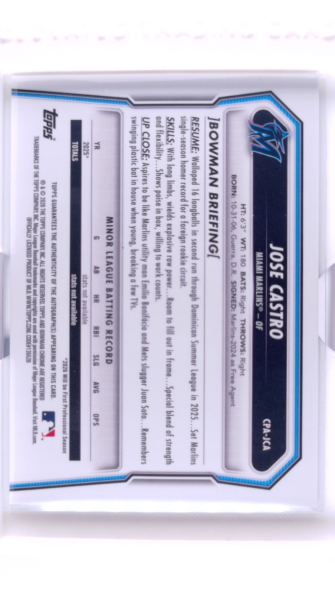 #CPA-JCA Jose Castro Bowman Chrome Prospect Autographs Mini Diamond Refractor #27/100 - back