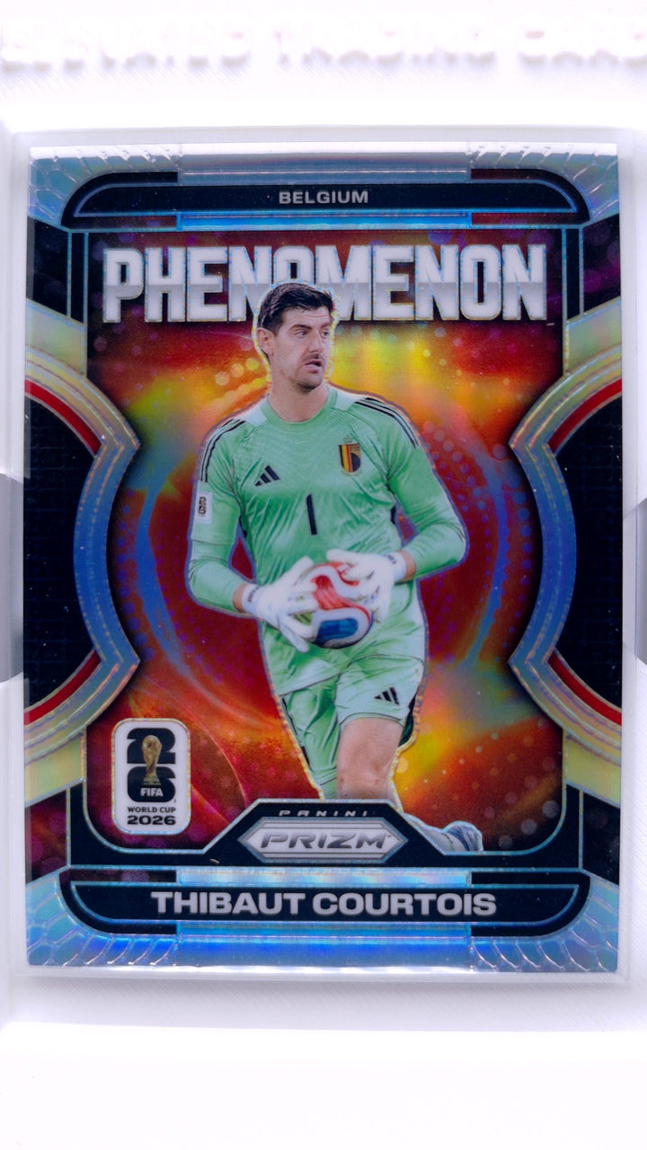 2026 Panini Prizm FIFA World Cup Soccer Thibaut Courtois #14 Phenomenon Silver — Front