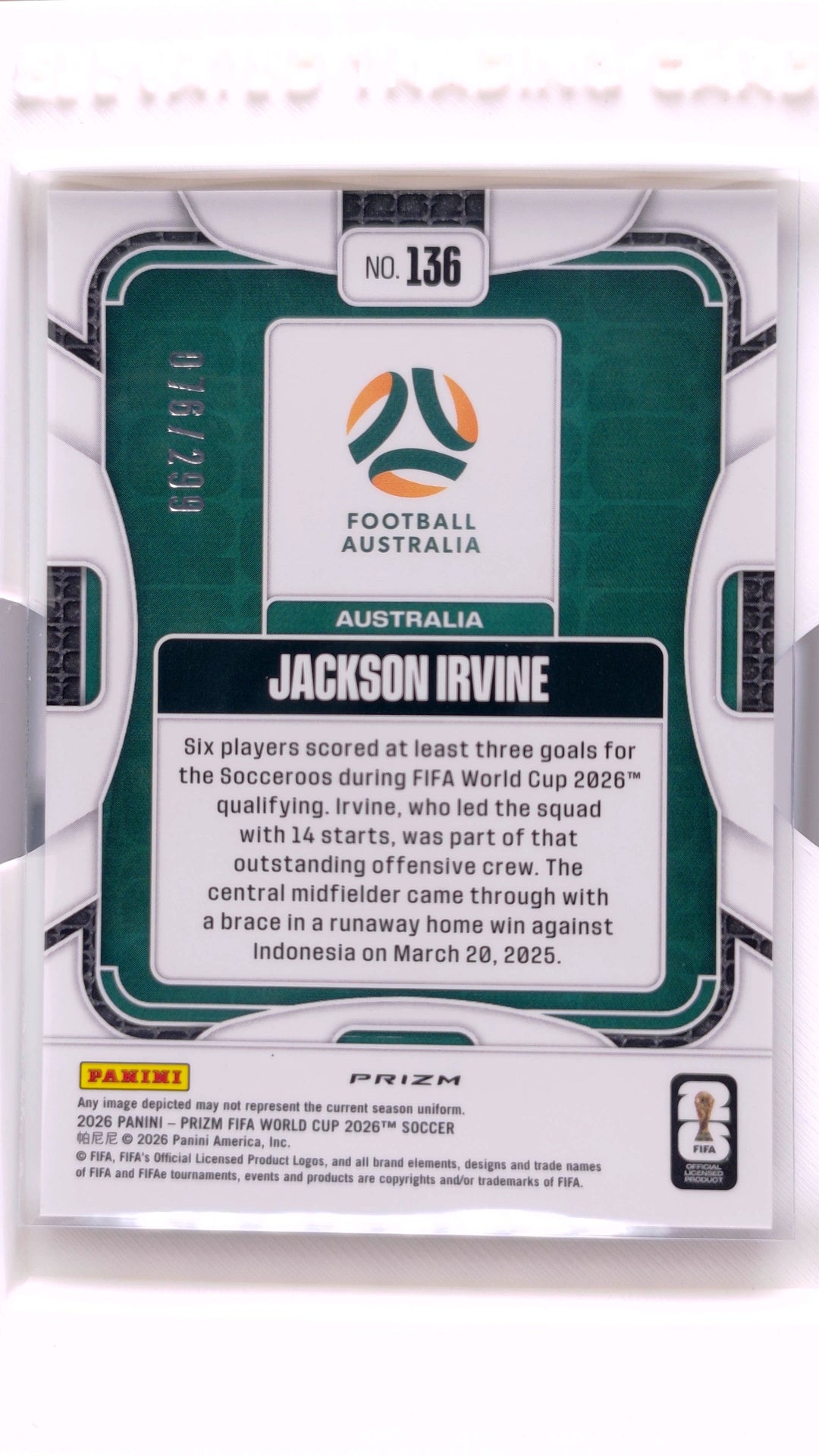#136 Jackson Irvine Purple Hyper #76/299 - back