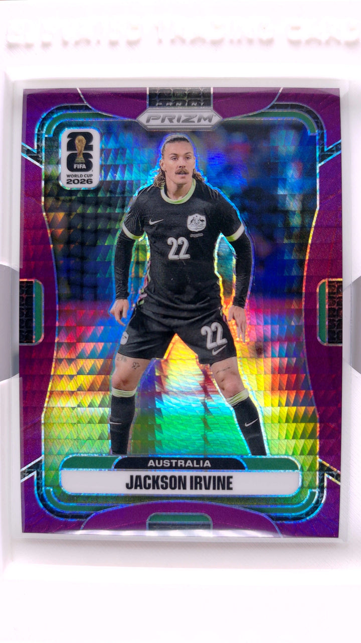 2026 Panini Prizm FIFA World Cup Soccer Jackson Irvine #136 Purple Hyper #76/299 — Front
