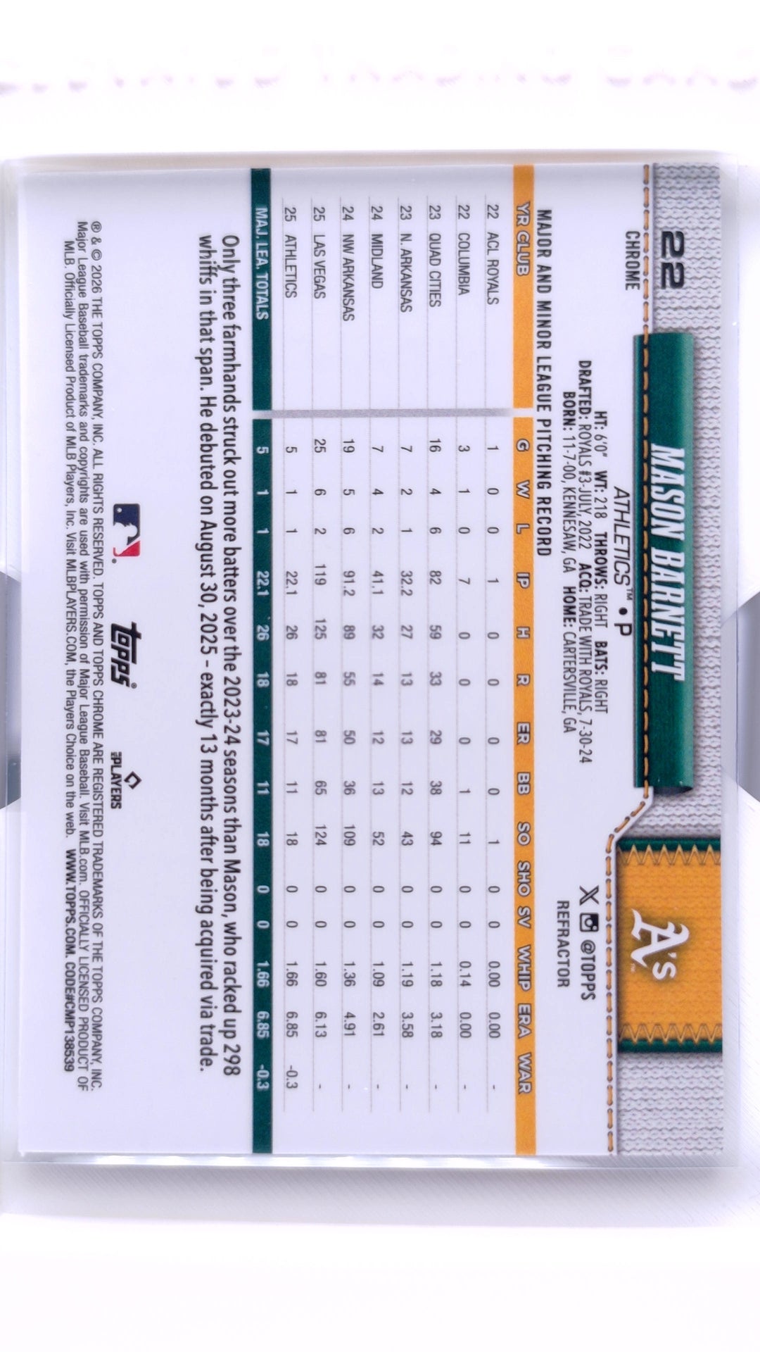 #22 Mason Barnett Rookie Refractor - back