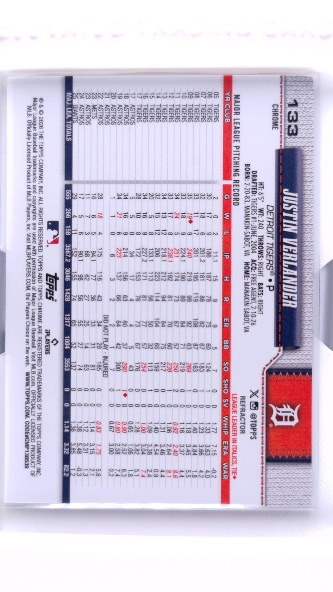 #133 Justin Verlander Refractor - back