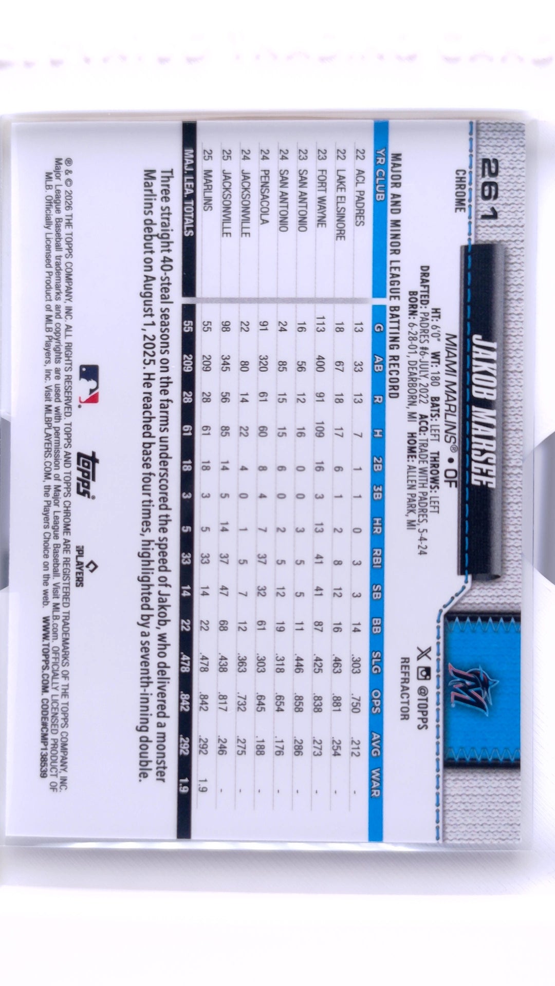 #261 Jakob Marsee Rookie Refractor - back