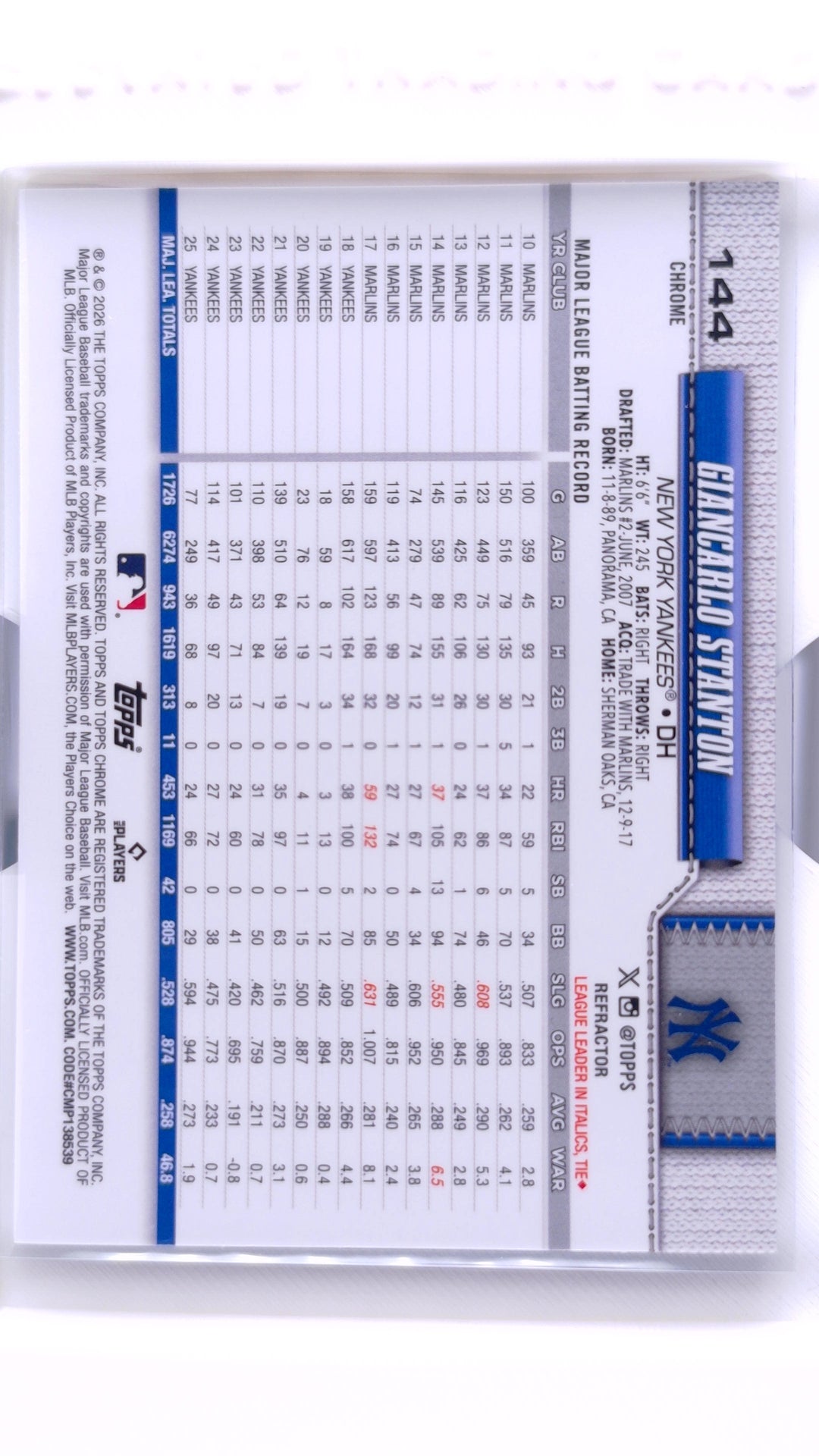 #144 Giancarlo Stanton Refractor - back