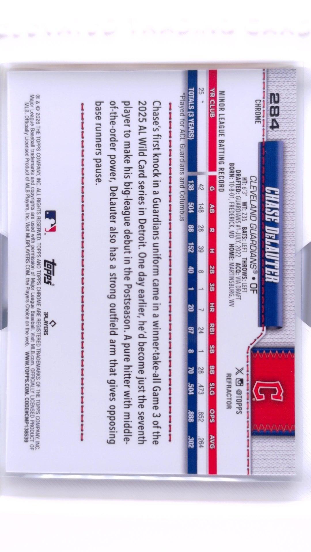 #284 Chase DeLauter Rookie Refractor - back