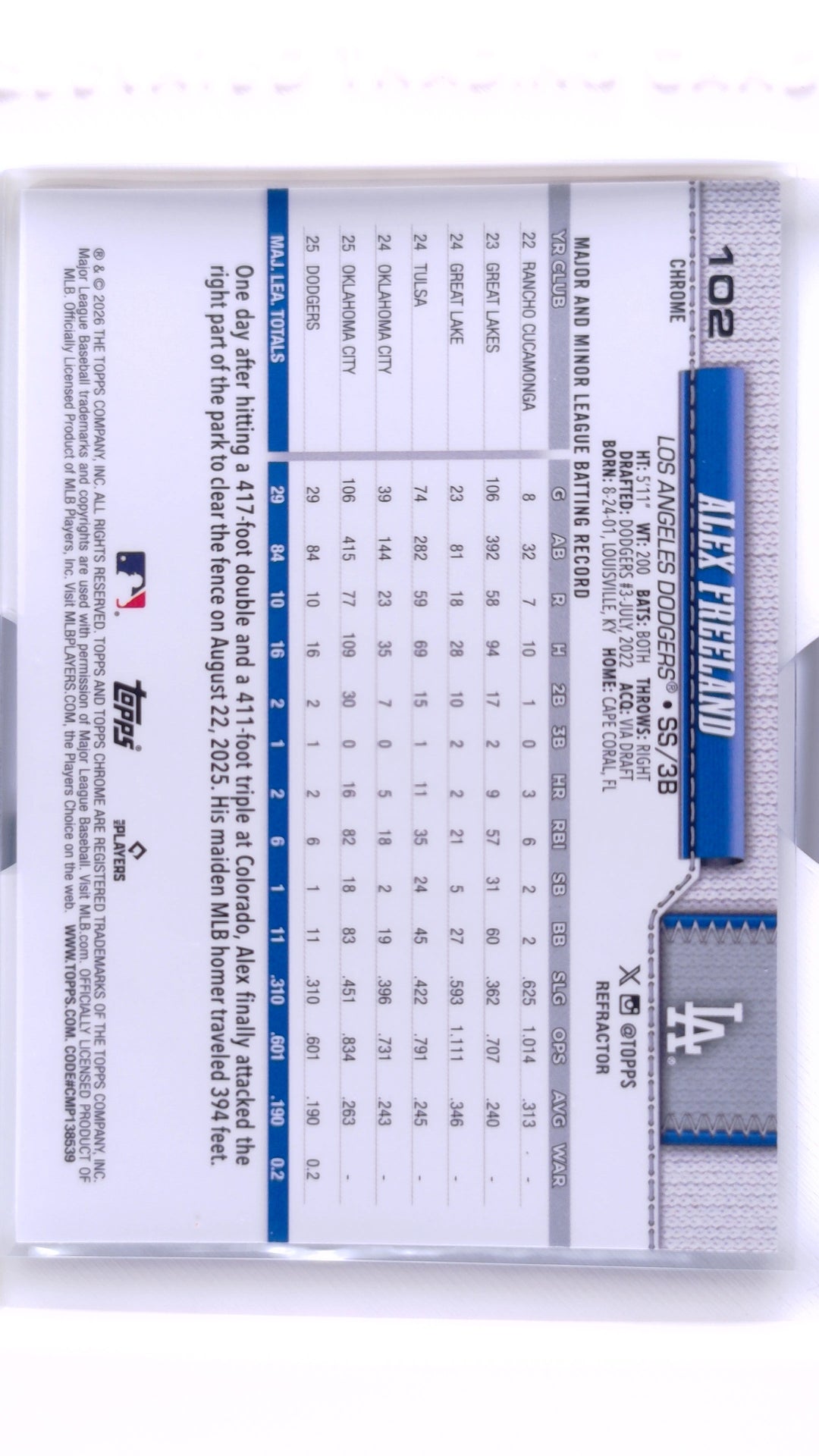 #102 Alex Freeland Rookie Refractor - back