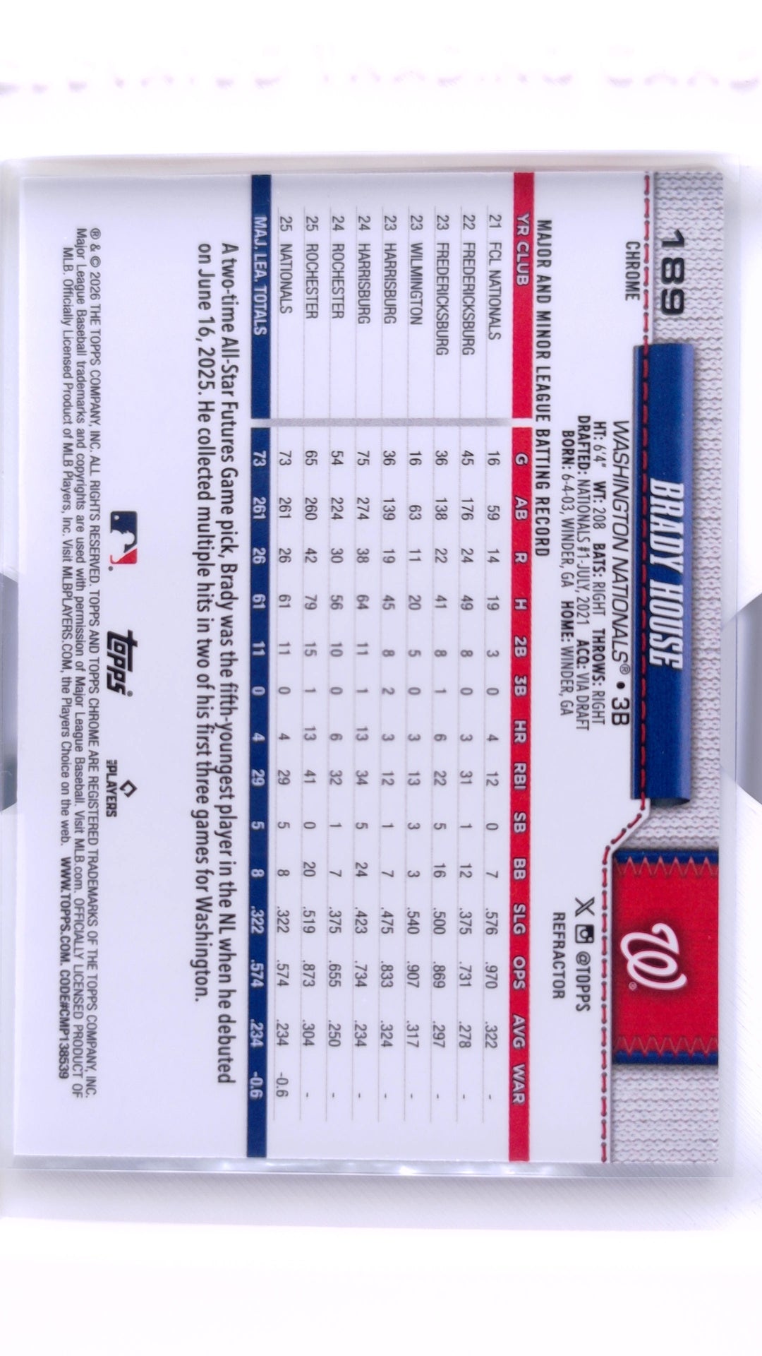 #189 Brady House Rookie Refractor - back