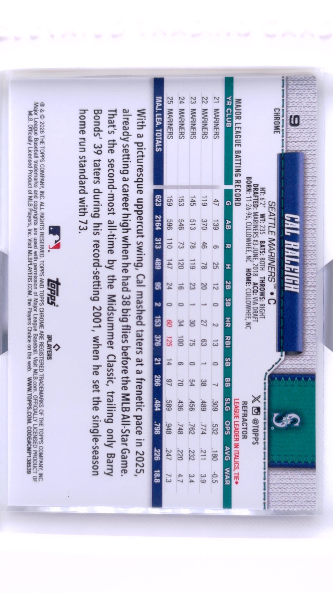 #9 Cal Raleigh Refractor - back