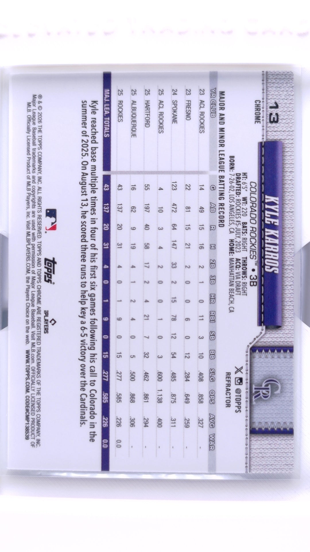 #13 Kyle Karros Rookie Refractor - back