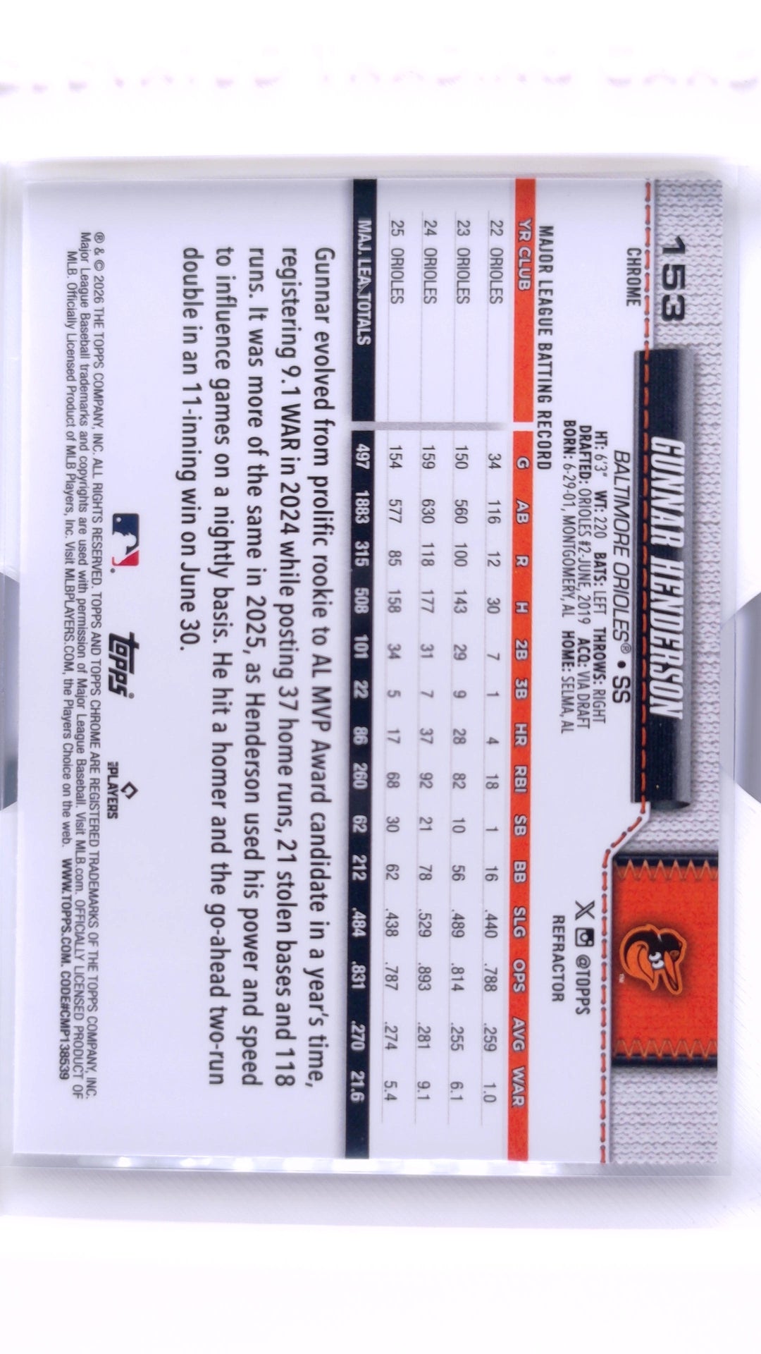 #153 Gunnar Henderson Refractor - back