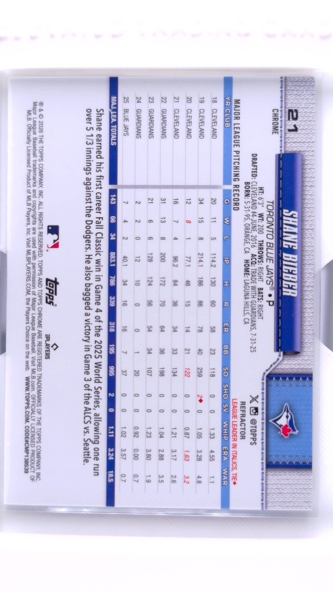 #21 Shane Bieber Refractor - back