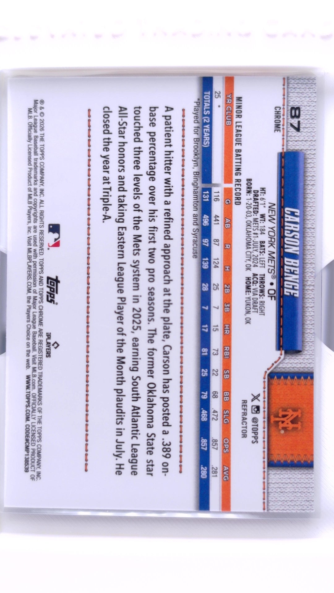 #87 Carson Benge Rookie Refractor - back