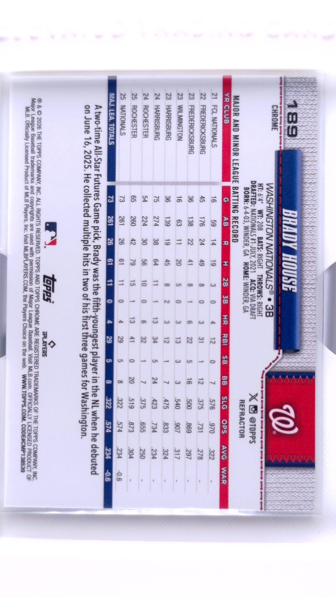 #189 Brady House Rookie Refractor - back