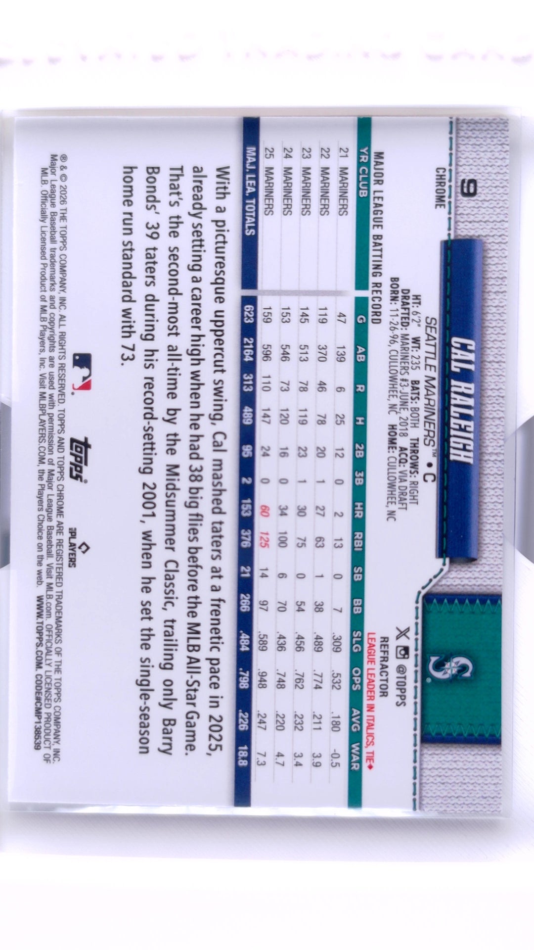 #9 Cal Raleigh Refractor - back