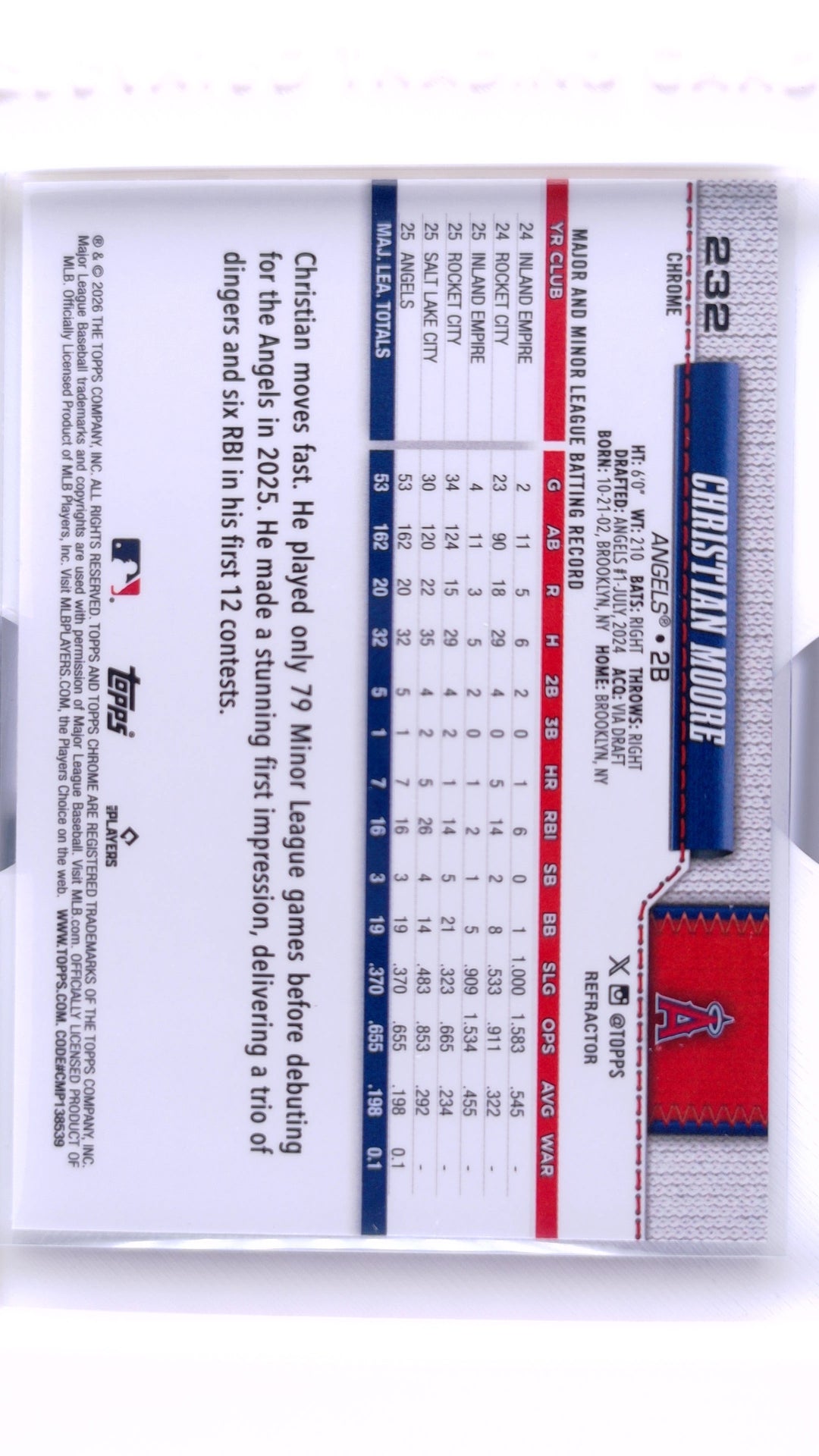 #232 Christian Moore Rookie Refractor - back