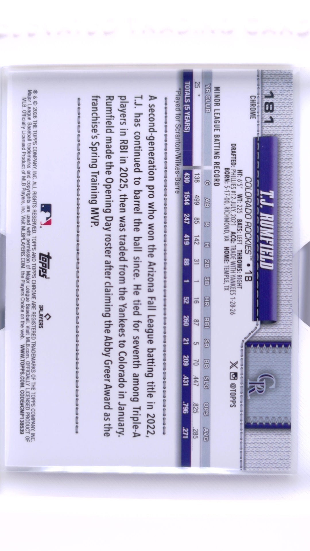 #181 T.J. Rumfield Rookie - back