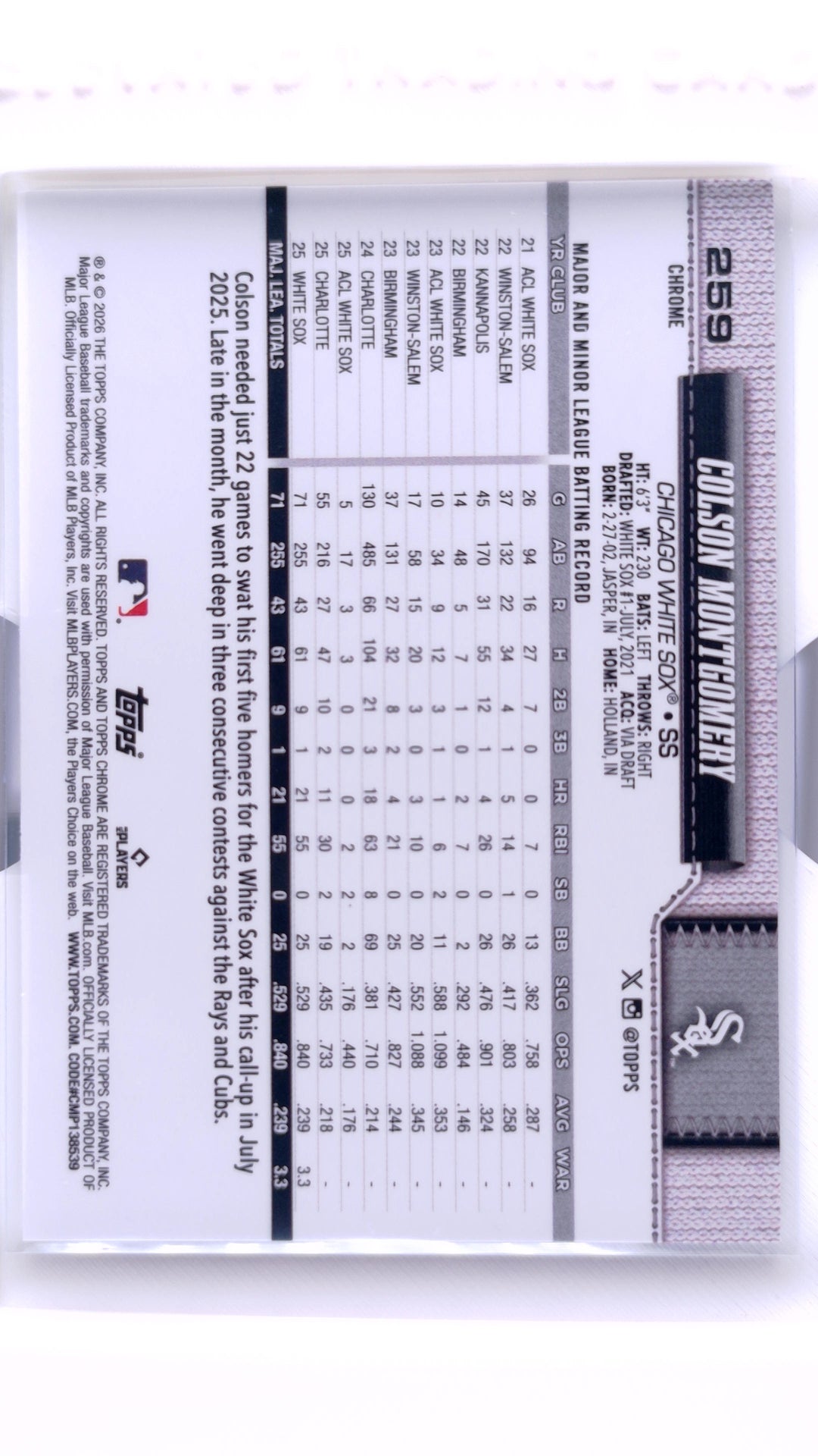 #259 Colson Montgomery Rookie - back