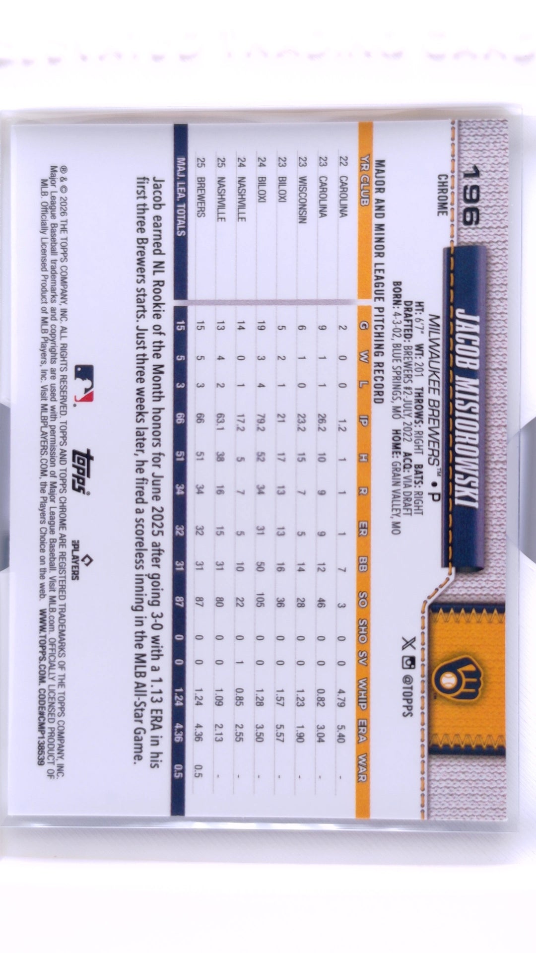 #196 Jacob Misiorowski Rookie - back