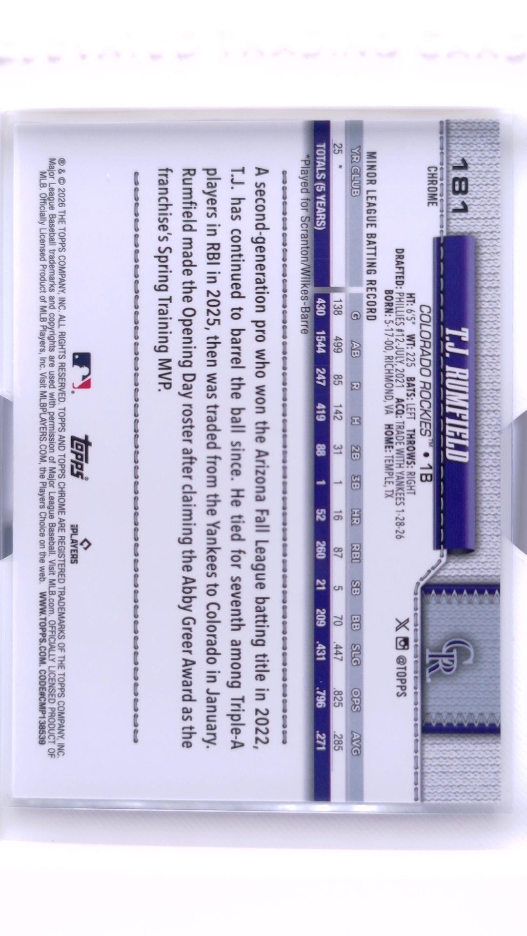 #181 T.J. Rumfield Rookie - back