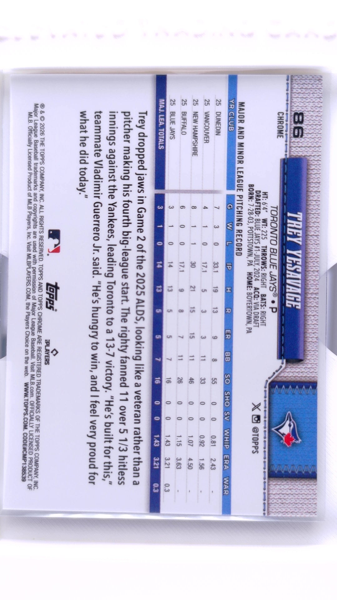 #86 Trey Yesavage Rookie - back