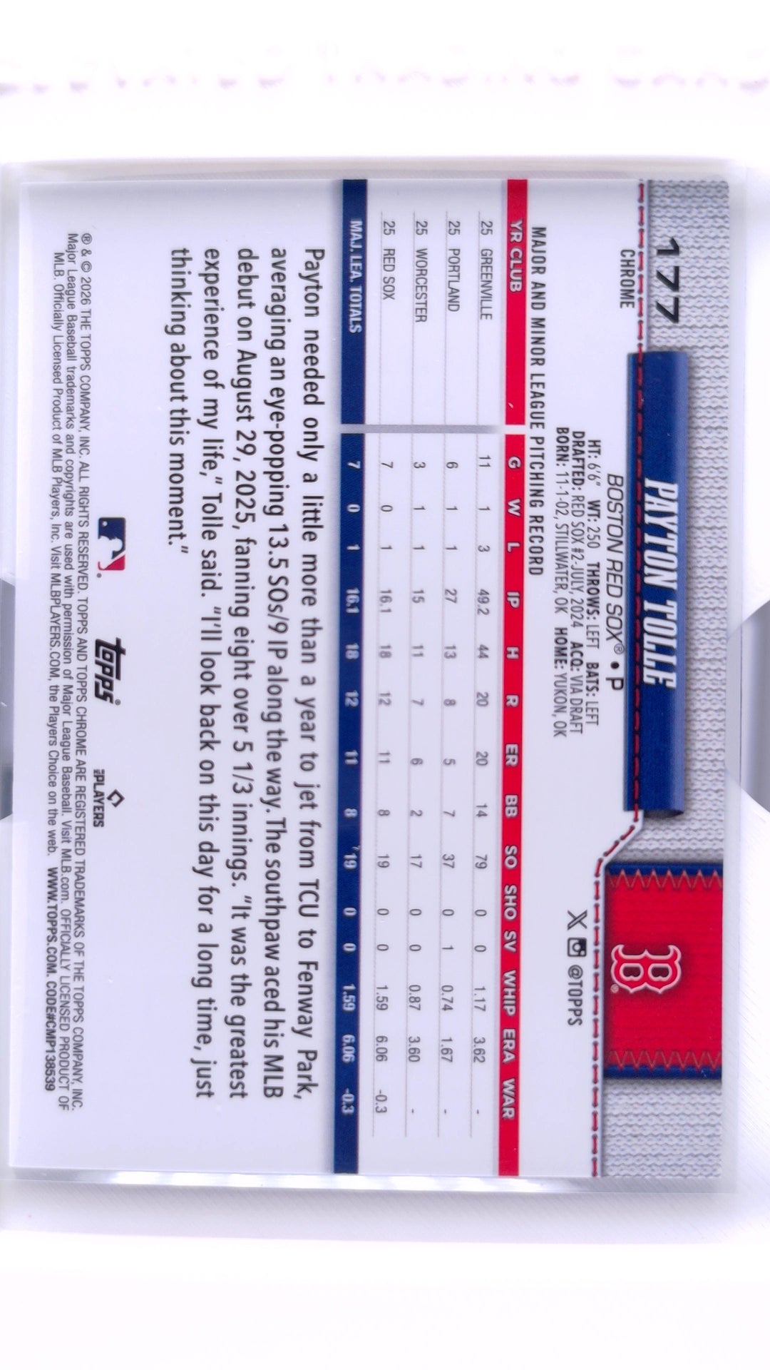 #177 Payton Tolle Rookie - back