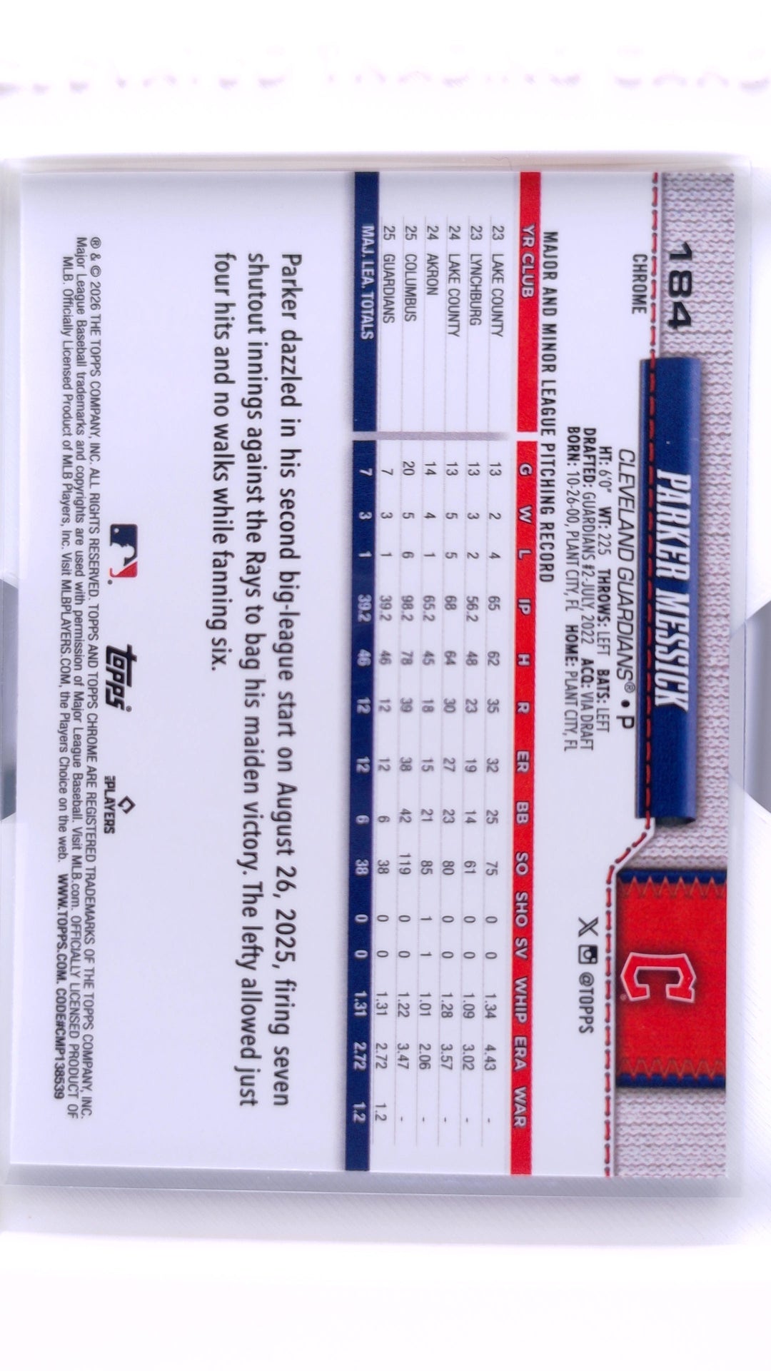 #184 Parker Messick Rookie - back