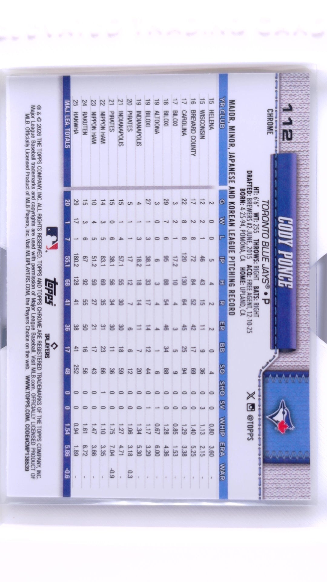 #112 Cody Ponce Rookie - back