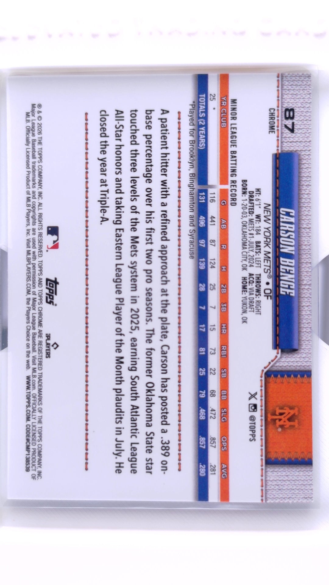 #87 Carson Benge Rookie - back