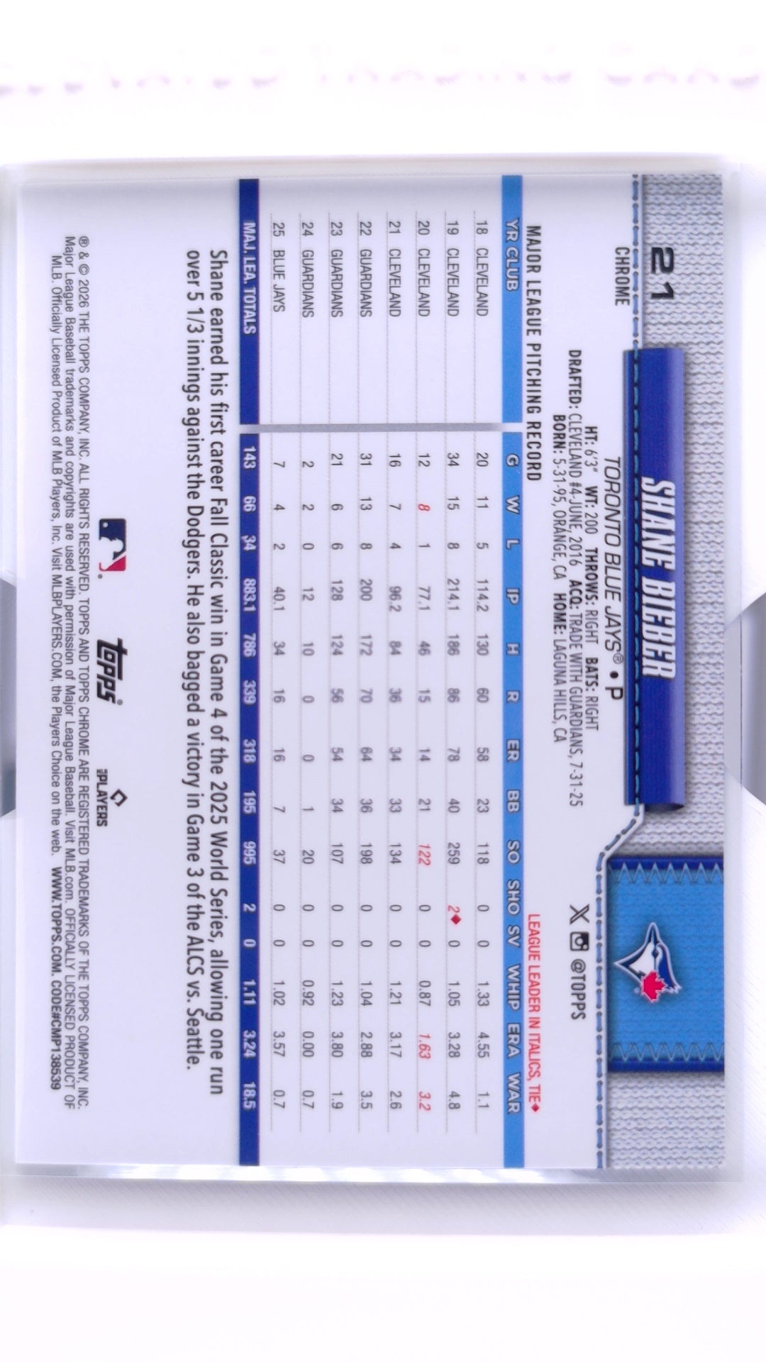 #21 Shane Bieber - back