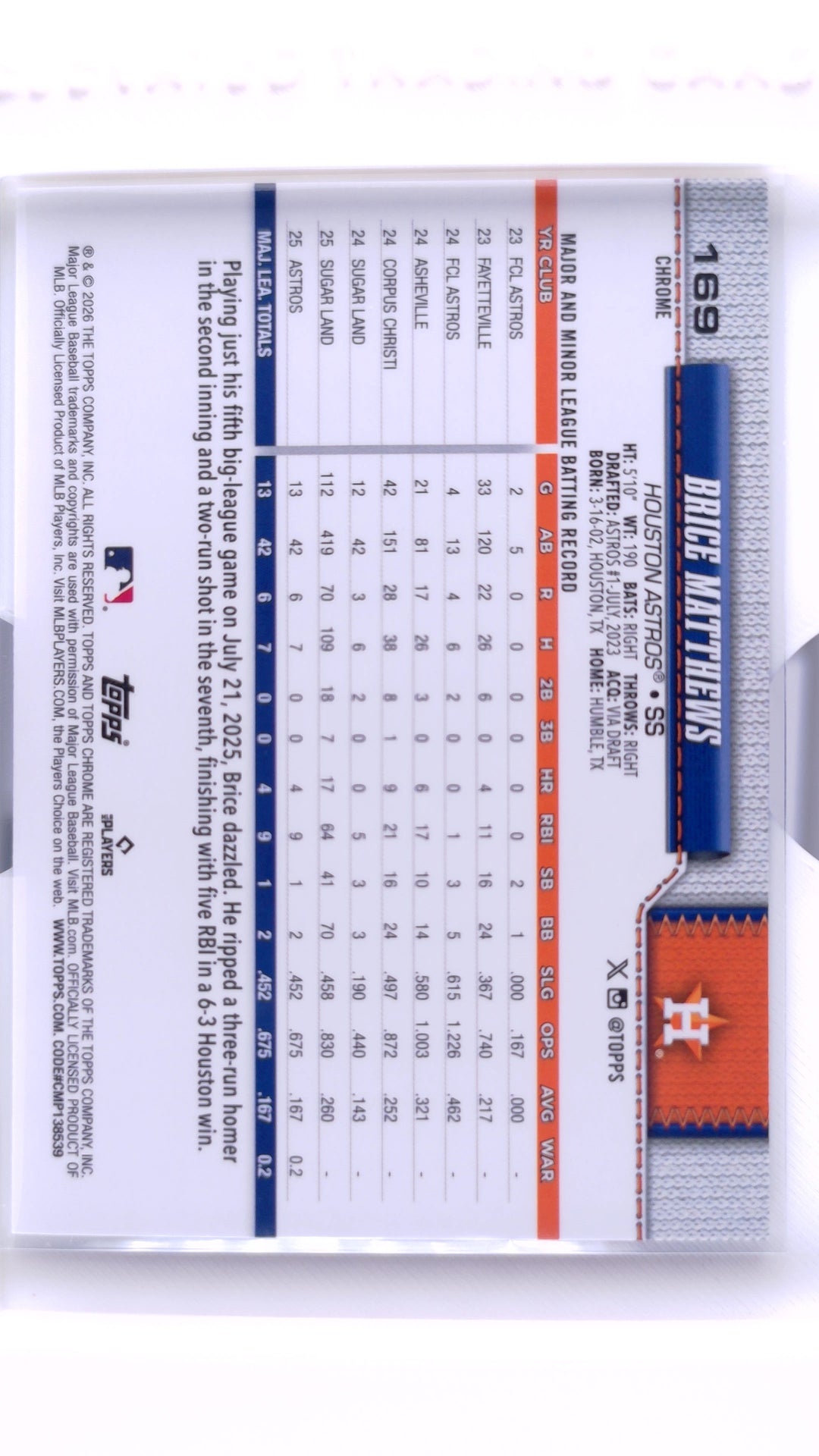 #169 Brice Matthews Rookie - back