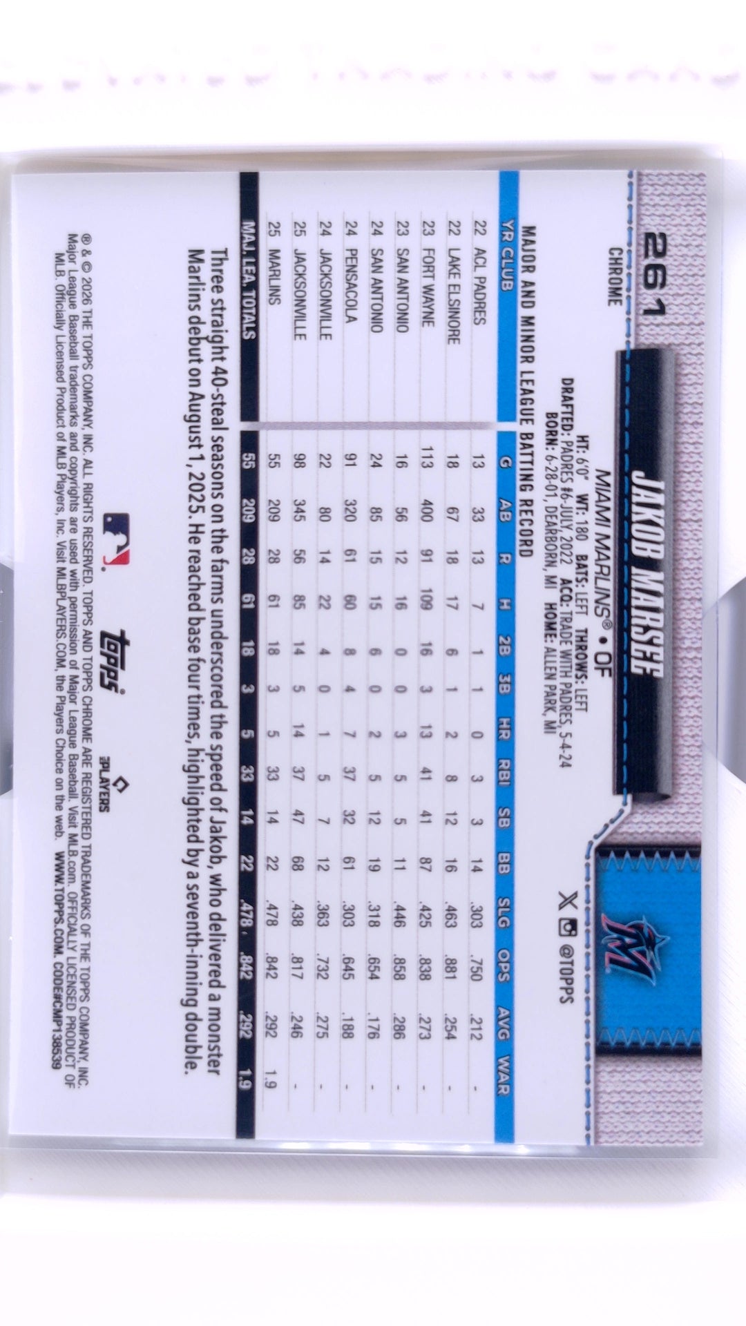 #261 Jakob Marsee Rookie - back