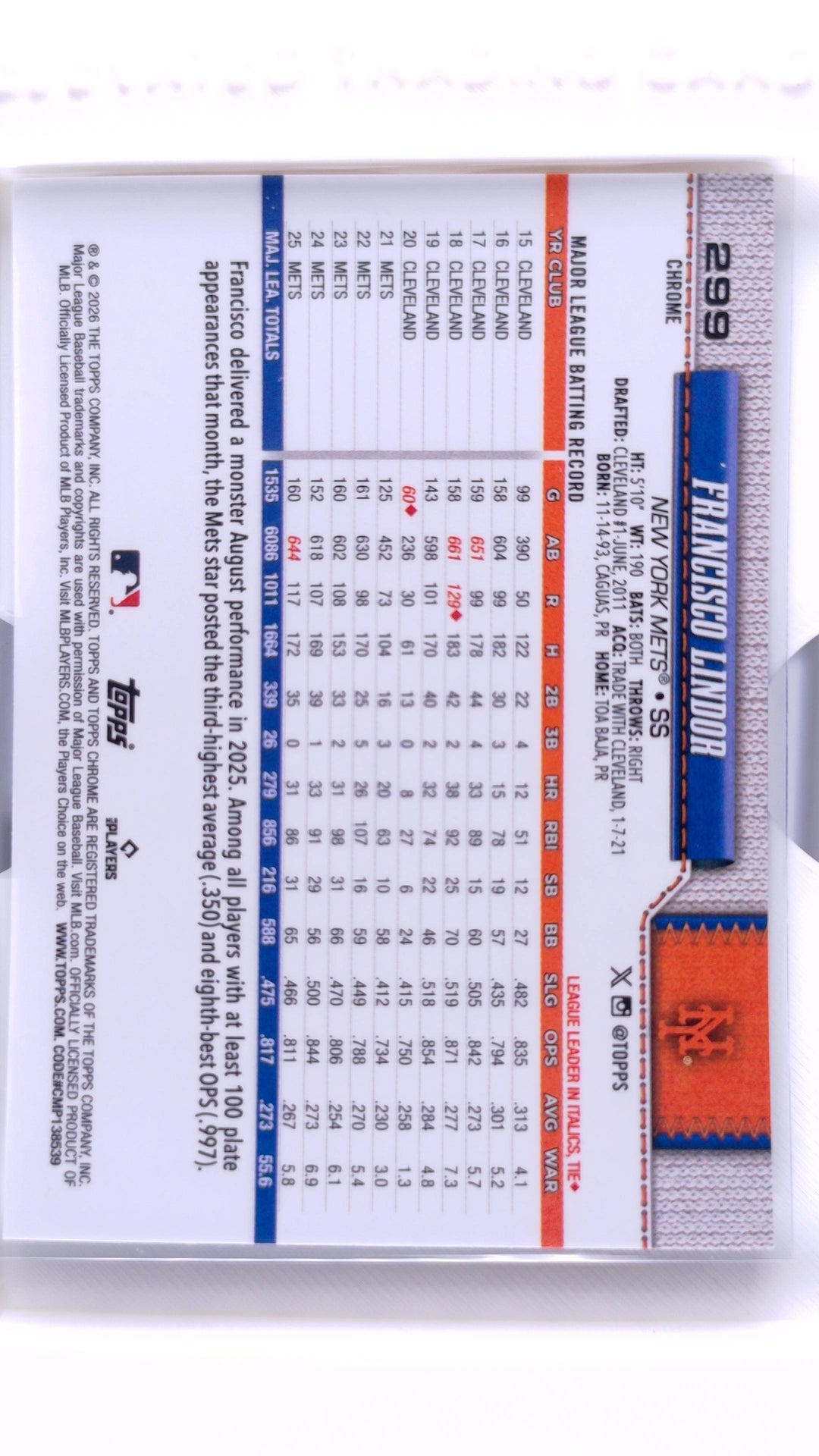 #299 Francisco Lindor - back