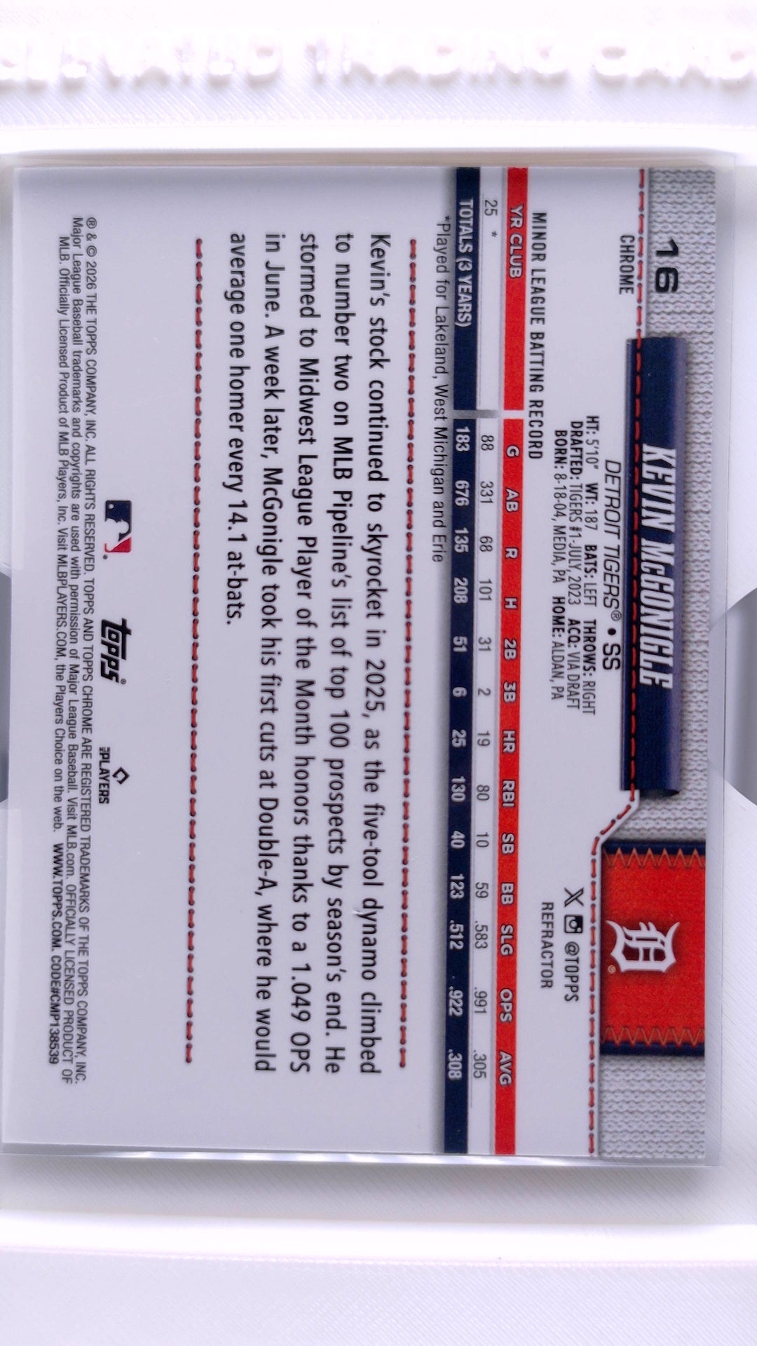 #16 Kevin McGonigle Rookie Refractor - back
