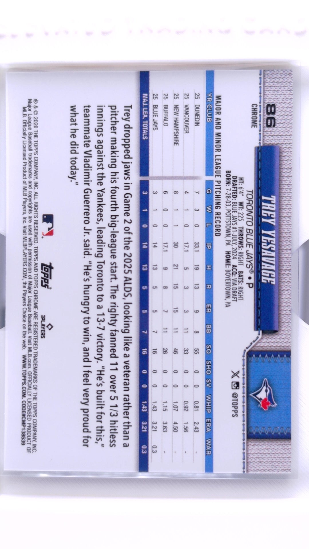 #86 Trey Yesavage Rookie - back