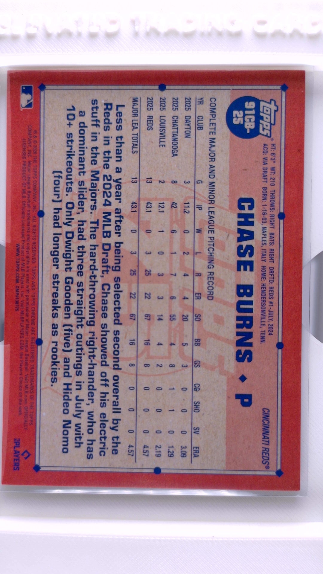 #91CB-25 Chase Burns Rookie 1991 Topps Baseball Gold Wave Refractor #17/50 - back