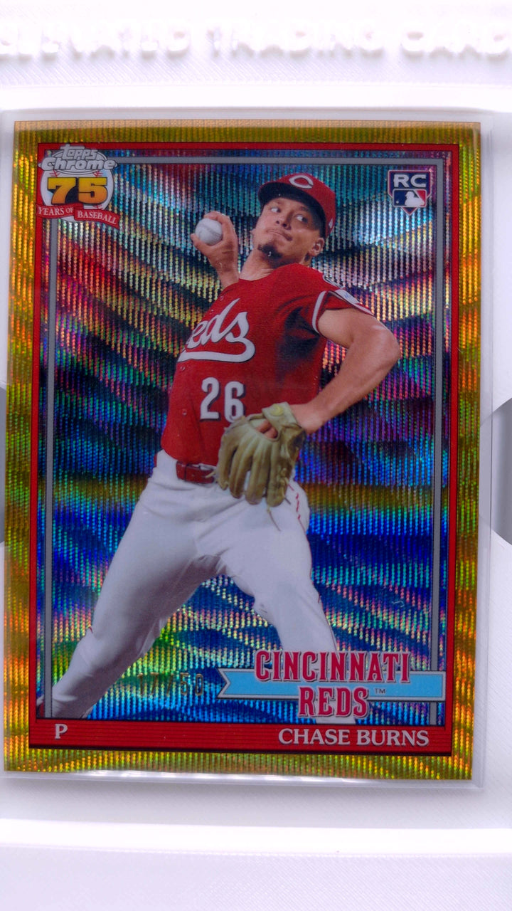 2026 Topps Chrome Baseball Chase Burns #91CB-25 1991 Topps Baseball Gold Wave Refractor #17/50 RC — Front