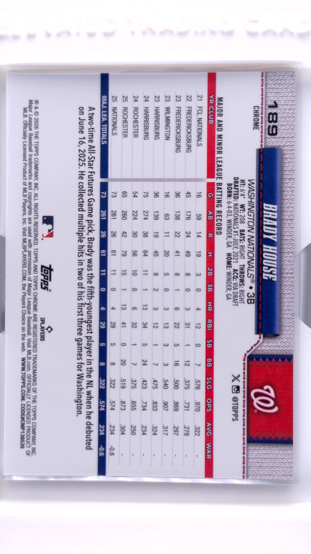 #189 Brady House Rookie - back